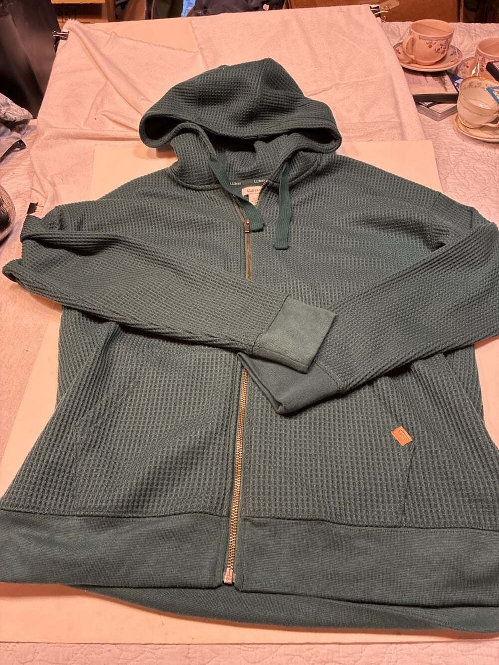 LL Bean Waffle Knit Full Zip Hoodie Size M Green